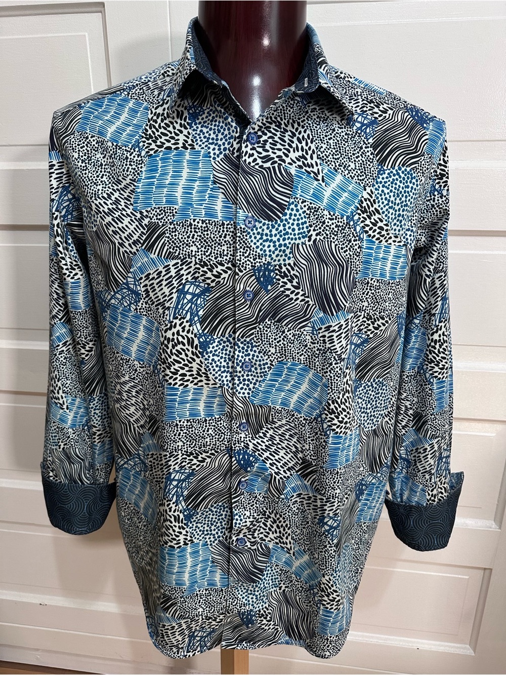 Robert Graham Hurricane Sport Shirt Size XLT Flip Cuff Cotton Blue White $229